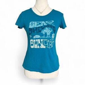 Roxy Vintage Y2K Cotton Baby Tee Size XS “ Sun Lovers” summer beach pool 2000s